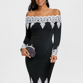 Women Floral Lace Trim Off The Shoulder Dress Long Sleeves Knee-Length Bodycon Elegant Lady Dresses for Evening Vestidos