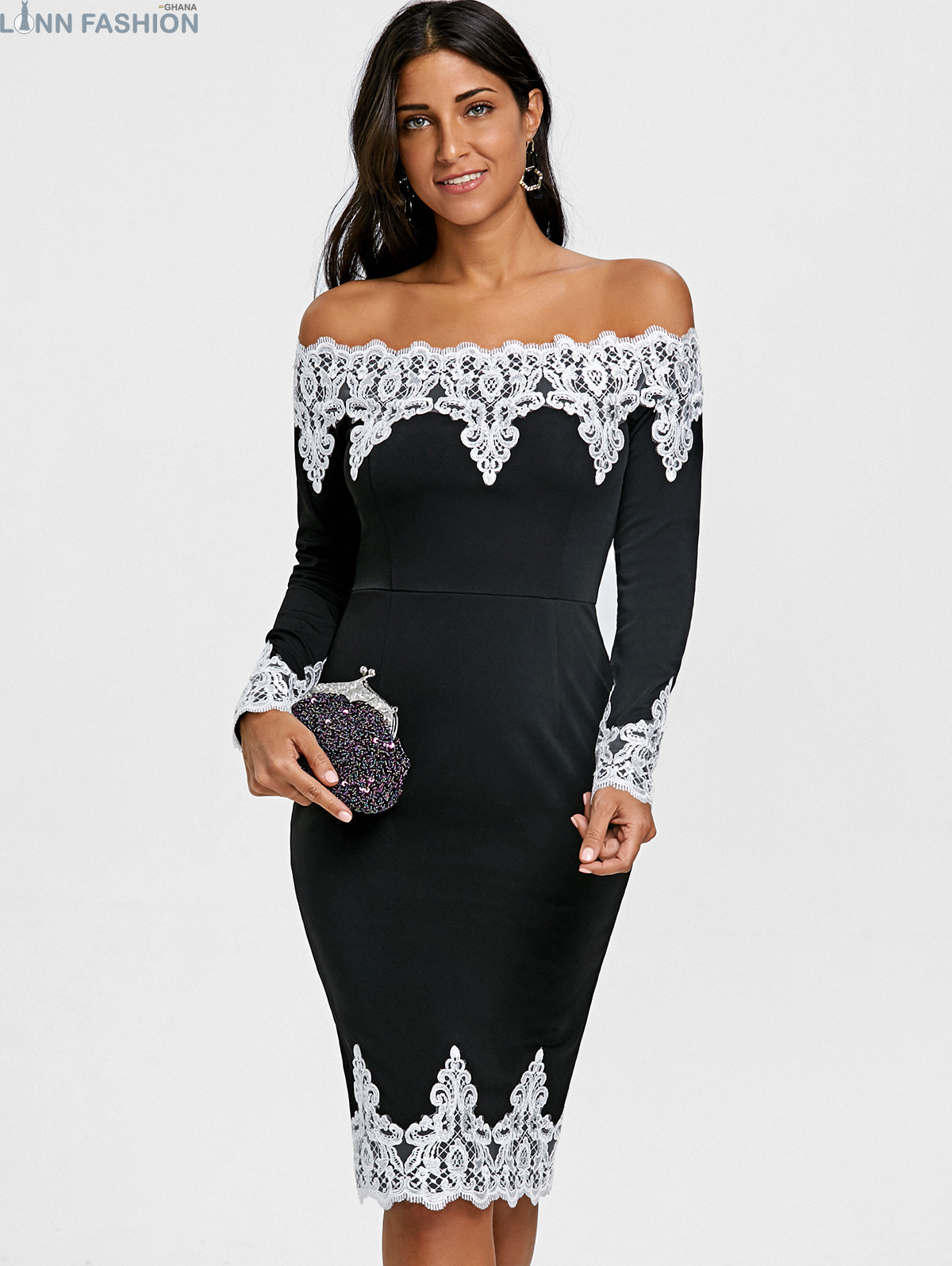 Women Floral Lace Trim Off The Shoulder Dress Long Sleeves Knee-Length Bodycon Elegant Lady Dresses for Evening Vestidos