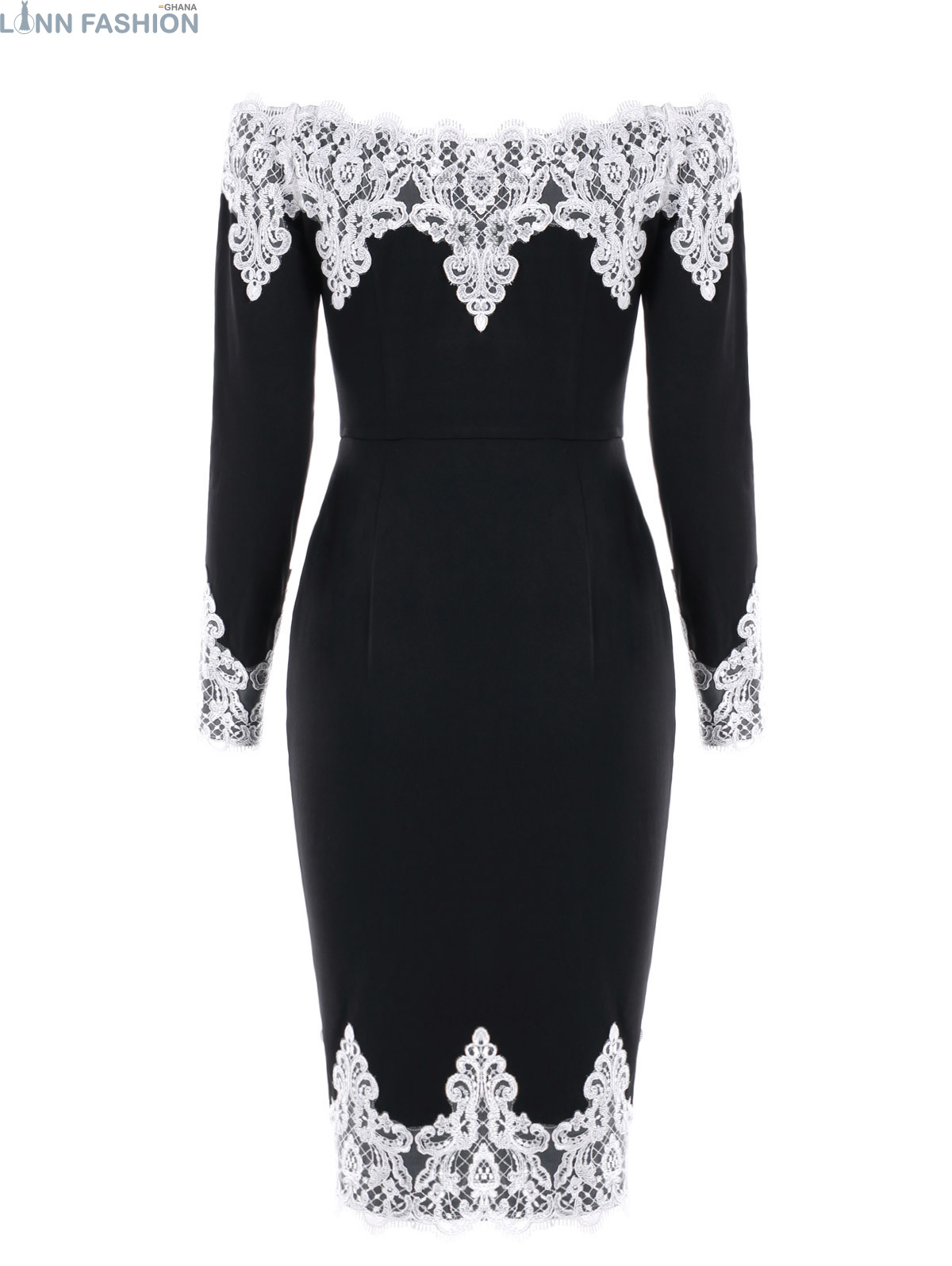 Women Floral Lace Trim Off The Shoulder Dress Long Sleeves Knee-Length Bodycon Elegant Lady Dresses for Evening Vestidos - Image 7