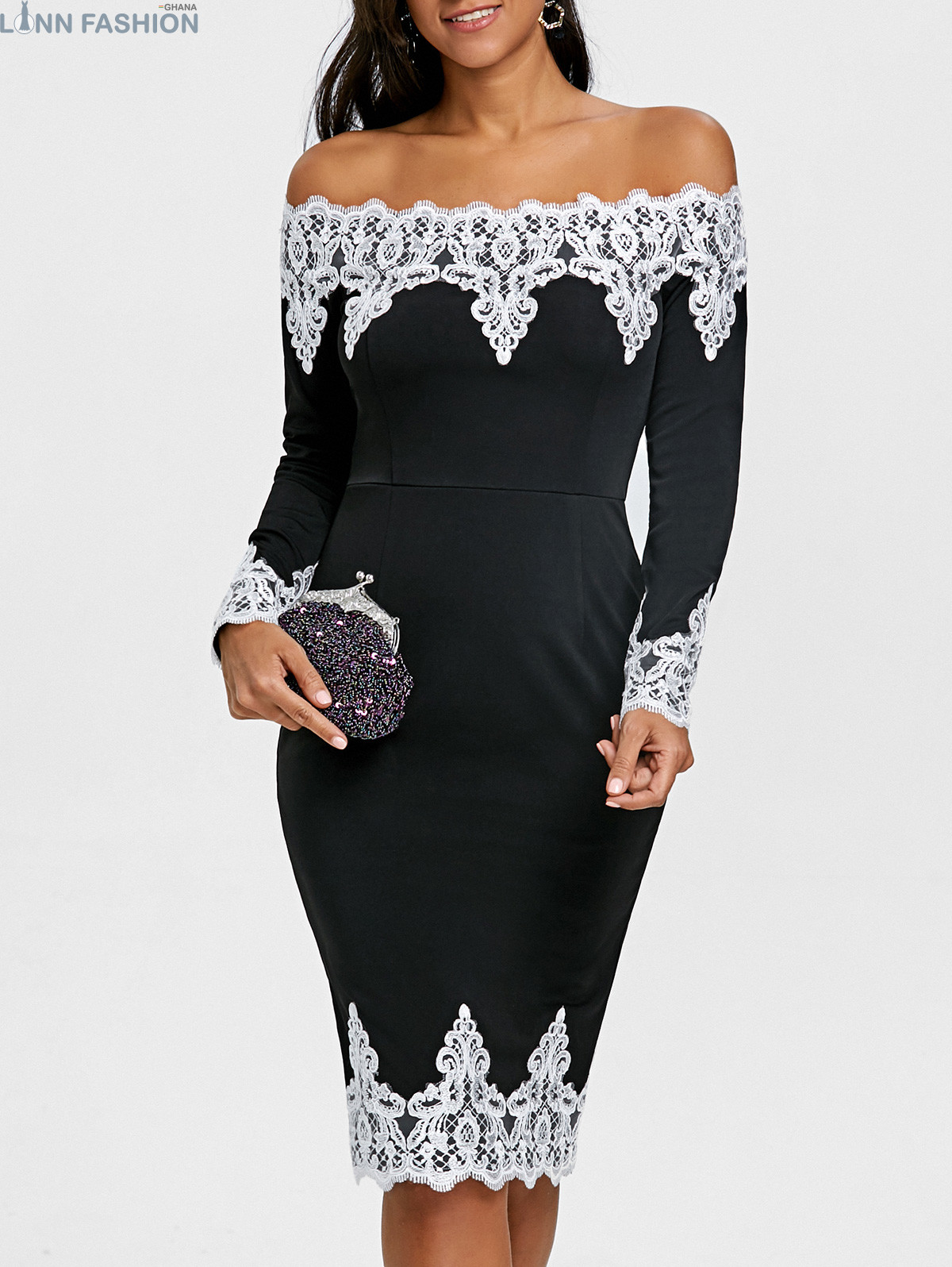 Women Floral Lace Trim Off The Shoulder Dress Long Sleeves Knee-Length Bodycon Elegant Lady Dresses for Evening Vestidos - Image 4