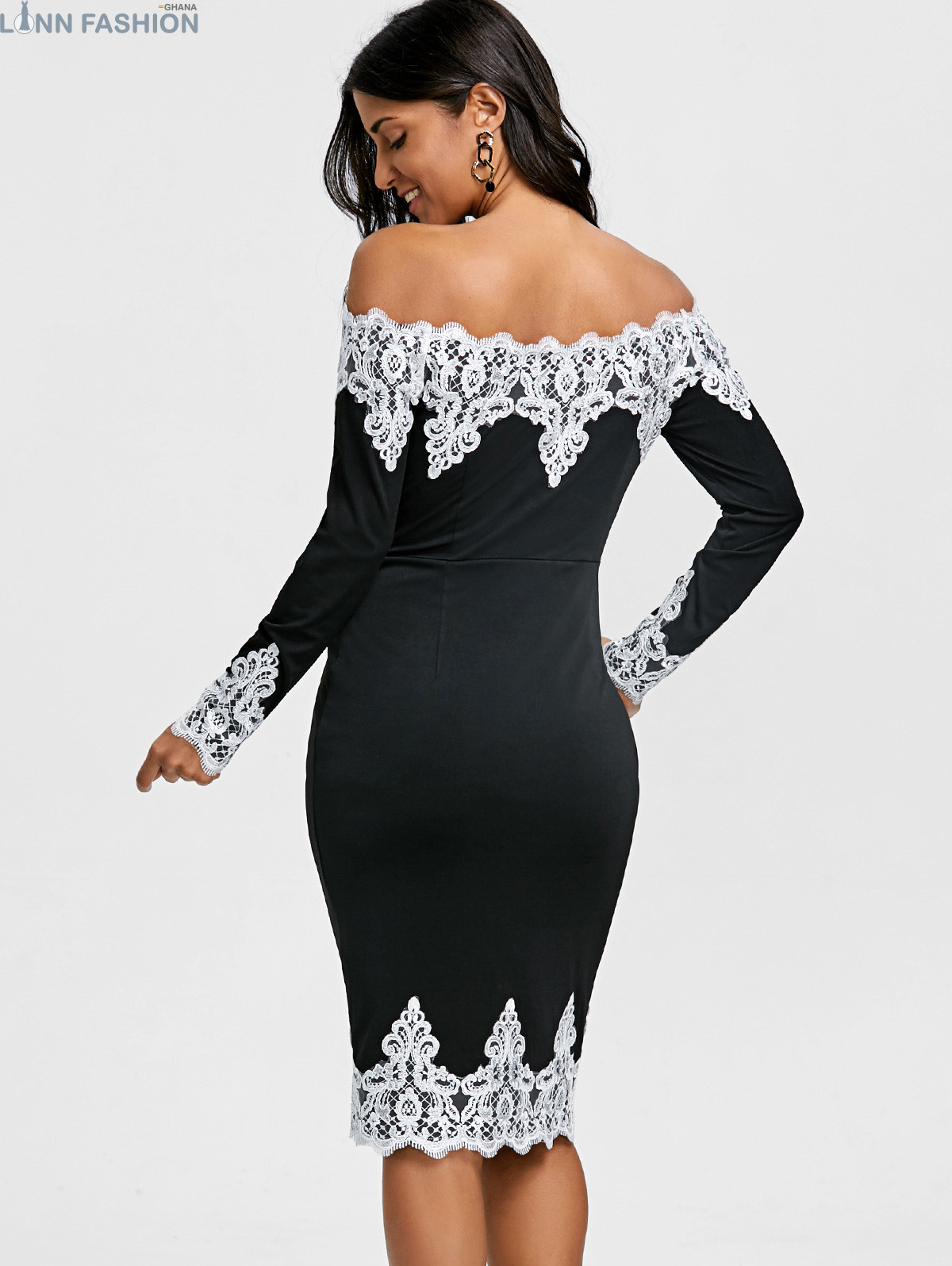 Women Floral Lace Trim Off The Shoulder Dress Long Sleeves Knee-Length Bodycon Elegant Lady Dresses for Evening Vestidos - Image 2