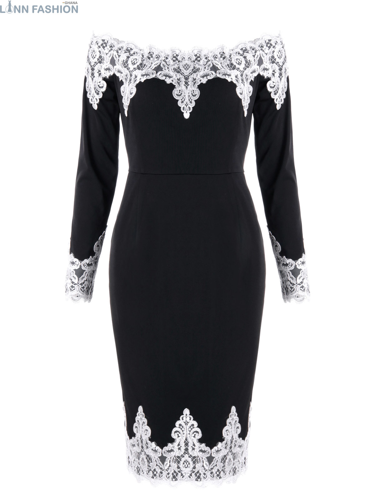 Women Floral Lace Trim Off The Shoulder Dress Long Sleeves Knee-Length Bodycon Elegant Lady Dresses for Evening Vestidos - Image 8