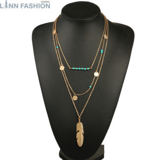 Hot Fashion Gold Color Multilayer Feather Pendant Necklace