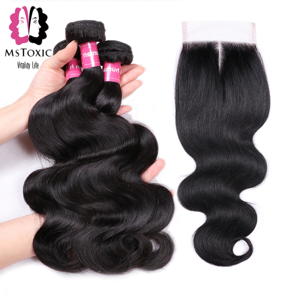 Mstoxic Body Wave Bundles With Closure Brazilian Hair Weave Bundles With Closure Non Remy Human Hair Bundles With Closure - Image 2