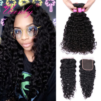 UEENLY Brazilian Water Wave Bundles With Closure Non Remy Human Hair Bundles With Closure Free Shipping 3 Bundles With Closure