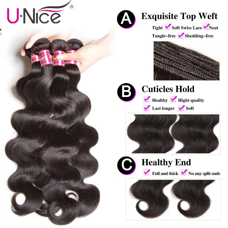 UNICE Hair Brazilian Body Wave Virgin Hair Bundles With Closure 4PCS Human Hair Bundles With Closure 8-26 "Virgin Hair Extension - Image 3