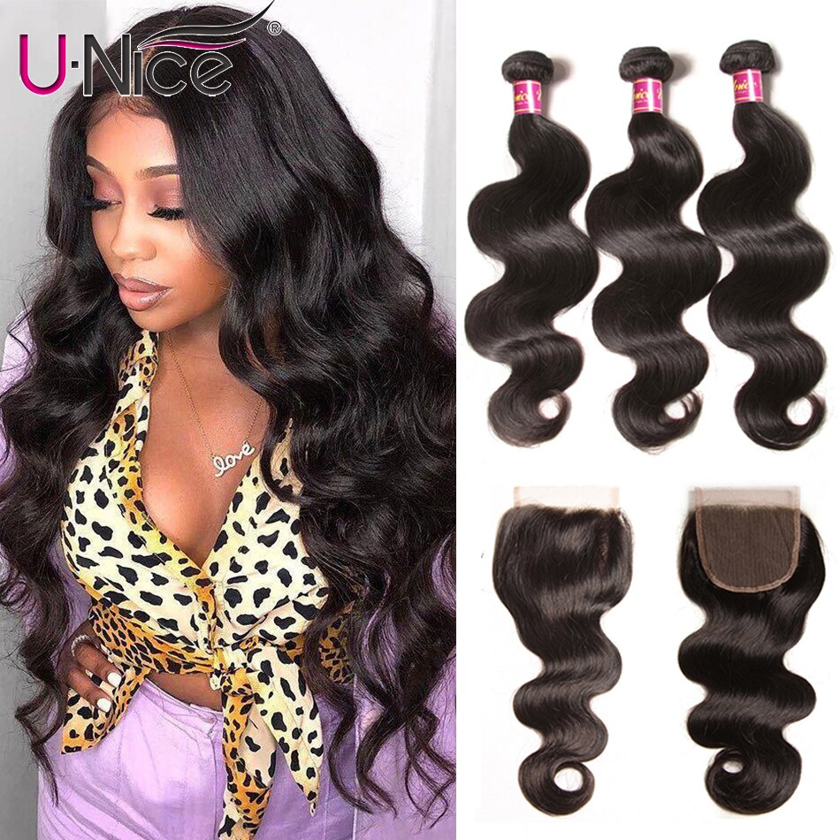 UNICE Hair Brazilian Body Wave Virgin Hair Bundles With Closure 4PCS Human Hair Bundles With Closure 8-26 "Virgin Hair Extension - Image 2