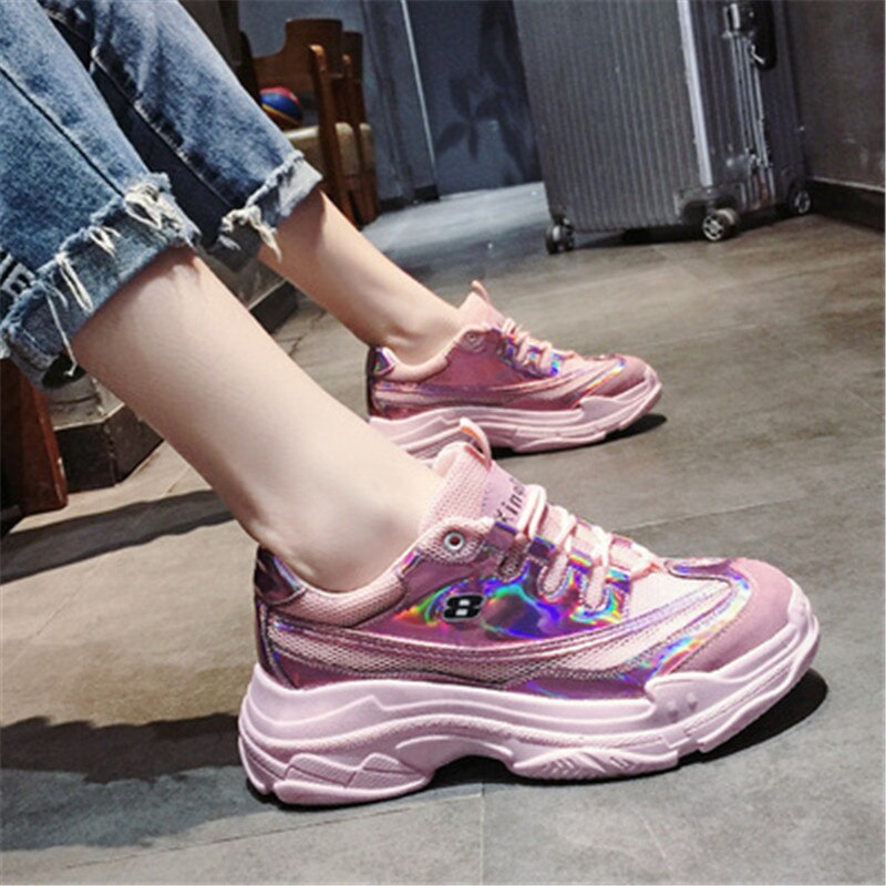 Sequined Cloth Mesh Women Platform Chunky Sneakers 2019 Fashion Women's Flat 6CM Thick Sole Shoes Woman Wedge Dad Trainers