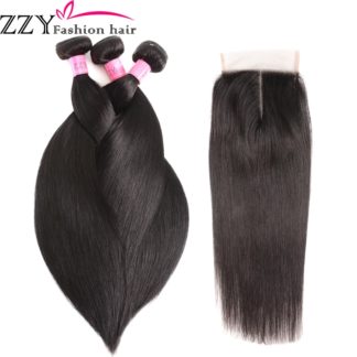ZZY Fashion Hair Straight Hair Bundles with Closure  Peruvian Hair 3pcs Non Remy Human Hair Bundles With Closure